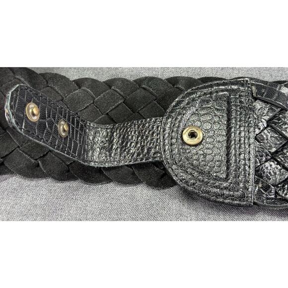 Vintage 1990s Black Woven Leather 3" Wide Elastic Belt - Picture 7 of 13